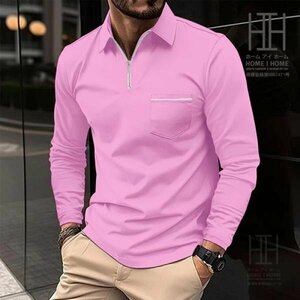 S ピンク ポロシャツ メンズ ハーフジップ 長袖 胸ポケット付き ライン入り ゆったり カジュアル トップス