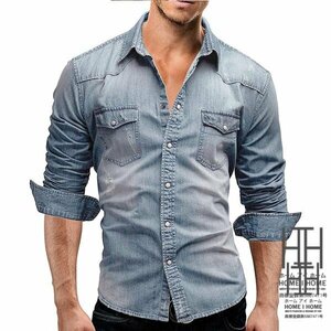 L サックスブルー シャツ メンズ メンズシャツ メンズ 長袖シャツ ワークシャツ スナップボタン 長袖