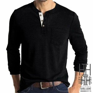 L ブラック tシャツ メンズ 長袖 ポケット付き ロンt 長袖tシャツ ヘンリーネック ストレッチ カットソー インナー トップス