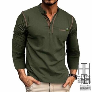 2XL グリーン tシャツ メンズ 長袖 胸ポケット Vネック ヘンリーネック ボタン留め ワンポイント バンドカラー ロンt ロングtシャツ