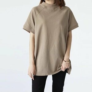 L モカベージュ Tシャツ カットソー レディース ボーダー 無地 半袖 モックネック 体型カバー ゆったり オーバーサイズ トップス 春 夏