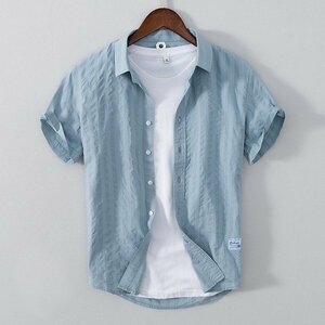 2XL ブルー 半袖シャツ メンズ ストライプ柄 カジュアル コットン 柔らかい ビジカジ 涼しい 夏服 トップス