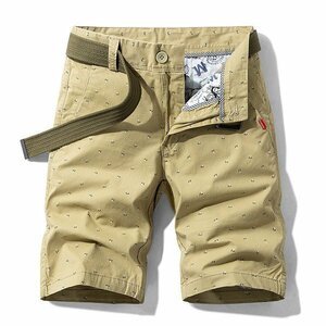 W31 ベージュ ショートパンツ ハーフパンツ メンズ 総柄 プリント 短パン 膝丈 ストレッチ カジュアル 夏 ボトムス