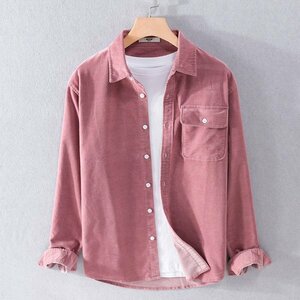 XL ピンク カジュアルシャツ コーデュロイシャツ メンズ 長袖 無地 ポケット付き コール天 ストレッチ 暖かい 柔らかい ワークシャツ