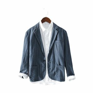 XL ブルー テーラードジャケット リネンジャケット メンズ ストライプ柄 きれいめ 綿麻 リネン シングル ブレザー ビジネス カジュアル