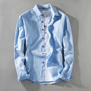 L ブルー カジュアルシャツ メンズ 長袖 無地 綿100％ 白シャツ 柔らかい カラフル カジュアル ビジカジ 新作