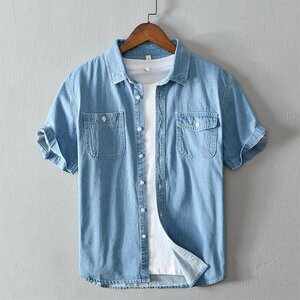2XL サックスブルー デニムシャツ ワークシャツ メンズ 半袖 ポケット付き 柔らかい 綿100％ カジュアルシャツ 夏服 トップス シャツ