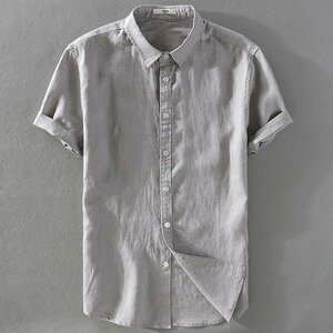 L グレー リネンシャツ メンズ 半袖 白シャツ 無地 シンプル 100％リネン 麻 トップス 羽織り 通気 涼しい