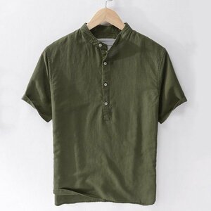 L グリーン 白シャツ メンズ 半袖 無地 リネンシャツ バンドカラー カジュアルシャツ 麻混シャツ プルオーバー