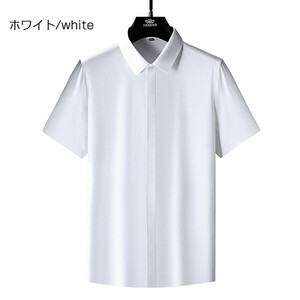 L ホワイト 父の日 プレゼント ワイシャツ ドレスシャツ メンズ 半袖 隠しボタン ストレッチ 滑らかい 形態安定 上質 ビジネス