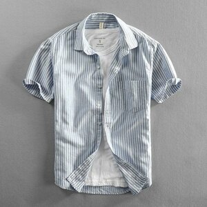 4XL ブルー オックスフォードシャツ メンズ 半袖 ストライプ柄 ポケット付き 100％綿 柔らかい カジュアルシャツ クールビズ 夏 サマー