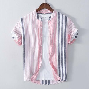 M ピンク リネンシャツ メンズ 半袖 ストライプ柄 麻 カラー配色 バンドカラー 通気 涼感 涼しい 夏 麻100％ 半袖シャツ 涼しい トップス