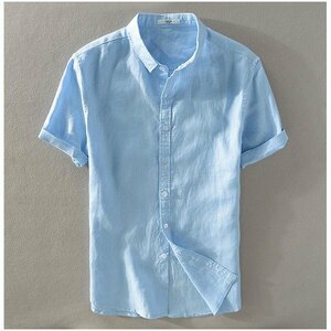 S ブルー リネンシャツ メンズ 半袖 白シャツ 無地 シンプル 100％リネン 麻 トップス 羽織り 通気 涼しい