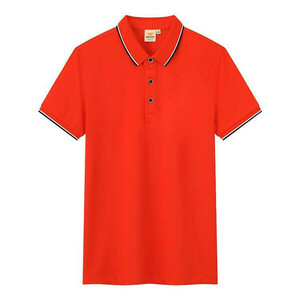 L オレンジレッド ポロシャツ メンズ ユニセックス レディース 半袖 ライン入り ゴルフ かわいい おしゃれ 綿 100％ 男女兼用 涼しい