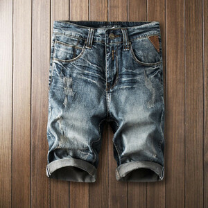 W28 Denim short pants shorts men's stretch spring summer Vintage short bread damage used processing 