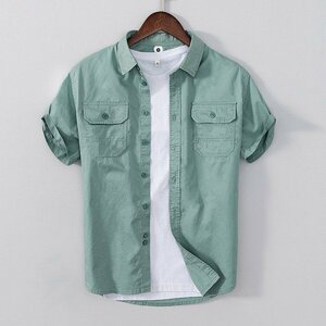 2XL グリーン ワークシャツ メンズ 半袖 無地 ポケット付き バックプリント コットン 柔らかい おしゃれ 涼しい 夏服 アメカジ