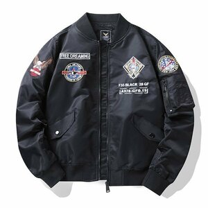 2XL ブラック MA-1 ミリタリージャケット フライトジャケット メンズ ワッペン付き 撥水加工 防風 リブ 秋冬