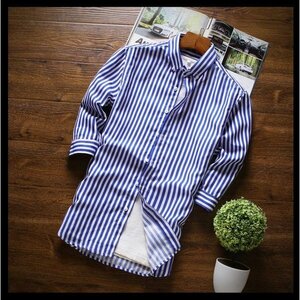 3XL（日本LL相当） マリンブルー カジュアルシャツ メンズ 七分袖 ボタンダウン ストライプ柄 薄手 形態安定加工 スリム 春夏