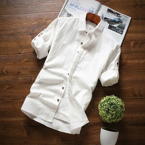 4XL ホワイト カジュアルシャツ メンズ 無地 七分袖 綿100％ 春夏 ロールアップ カジュアル レギュラー 新作