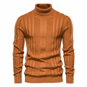 XL オレンジ ニットセーター メンズ 無地 長袖 タートルネック 編み シンプル 春 秋 冬 柔らかい 格好いい 暖かい