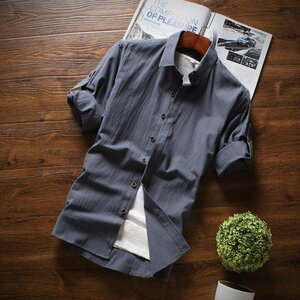 XL チャコール カジュアルシャツ メンズ 無地 七分袖 綿100％ 春夏 ロールアップ カジュアル レギュラー 新作