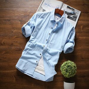 3XL ブルー カジュアルシャツ メンズ 無地 七分袖 綿100％ 春夏 ロールアップ カジュアル レギュラー 新作