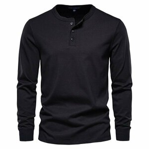 3XL ブラック ヘンリーネック Tシャツ カットソー メンズ 長袖 無地 スリム プルオーバー シンプル カジュアル シンプル