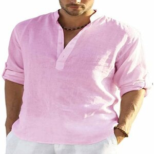 XL ピンク シャツ カジュアルシャツ 白シャツ メンズ 長袖 無地 ヘンリーネック ノーカラー 多色 シンプル 袖ロールアップ トップス
