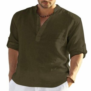 2XL グリーン シャツ カジュアルシャツ 白シャツ メンズ 長袖 無地 ヘンリーネック ノーカラー 多色 シンプル 袖ロールアップ トップス