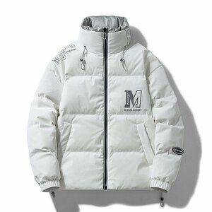 XL/180 ホワイト ダウンジャケット メンズ ショート丈 キルティング 立ち襟 ワンポイント ストリート 暖かい 保温 ボリューム 防寒 冬