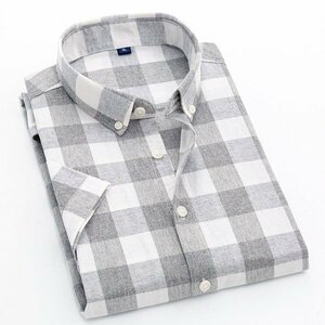 2XL グレー ボタンダウンシャツ 半袖 メンズ チェック柄 スリム 通勤 通学 アメカジ 涼しい 夏