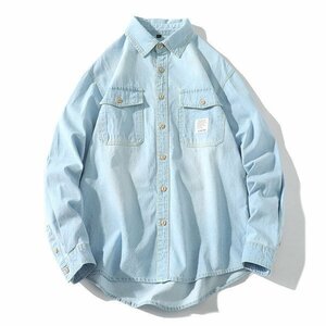 2XL サックスブルー デニムシャツ メンズ 長袖 カジュアル ワンポイント ユーズド加工 ポケット付き 秋冬 ビッグシルエット