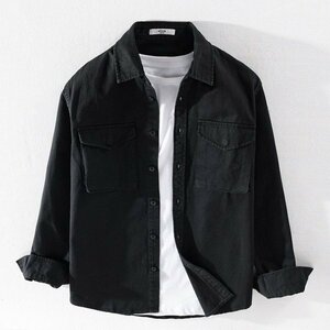 3XL ブラック ワークシャツ メンズ 無地 長袖 カジュアルシャツ シンプル 作業服 アウトドア トップス シャツジャケット