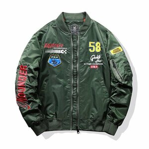 2XL グリーン ミリタリージャケット MA-1 メンズ 撥水加工 ワッペン付き アメカジ ブルゾン きれいめ お兄系 ビター系 個性