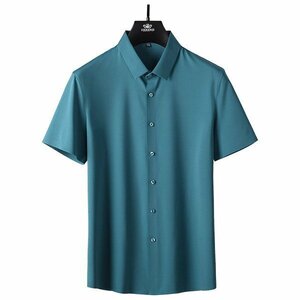 XL ピーコックブルー 父の日 ワイシャツ ドレスシャツ メンズ 半袖 無地 ストレッチ 滑らかい 柔らかい ノーアイロン 上質 ビジネス