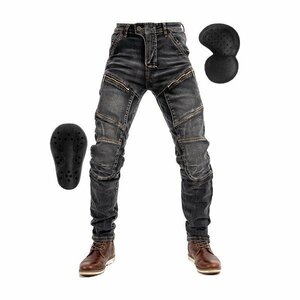 2XL ブラック バイクパンツ デニムパンツ メンズ ストレッチ ユーズド加工 ライダーパンツ 膝パッド装備 耐磨 保護 アウトドア 春 夏 秋 冬