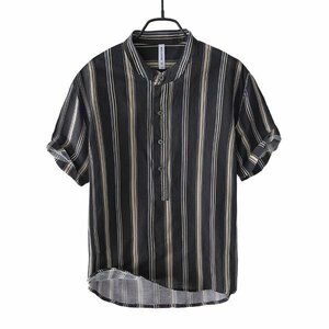 XL ブラック リネンシャツ カジュアルシャツ メンズ 半袖シャツ ストライプ柄 バンドカラー 麻 綿麻 涼しい 爽快 夏物