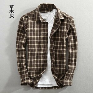 XL 草木灰 シャツ メンズ 長袖 チェック スリム カジュアル トップス コットン 新作