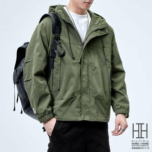 L ミリタリーグリーン メンズ マウンテンパーカー 登山服 フード付き 防風 防寒 ゆったり 大きい カジュアル ウィンドブレーカー