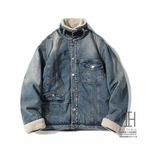 2XL ネイビー デニムジャケット メンズ ボア 裏起毛 おしゃれ 個性 アメカジ Gジャン ボアジャケット ワーク カジュアル アウター 秋冬