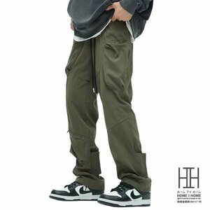 XL グリーン カーゴパンツ メンズ ズボン 紐付き イージーパンツ ゴムウェスト ゆったり 大きめポケット ストレート アウトドア ストレッチ