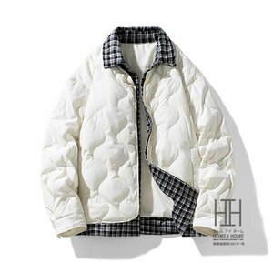 4XL ホワイト キルティングコート ダウンジャケット メンズ おしゃれ 白 襟付き 切り替え チェック 軽量 暖かい 防寒着 冬 ダウン