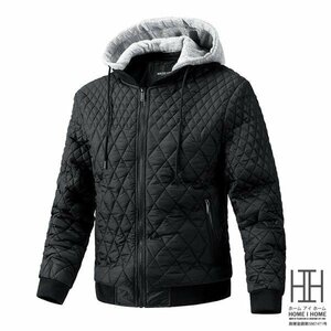 3XL ブラック 中綿入り キルティングコート 中綿ジャケット メンズ フード取り外し可能 アウトドア カジュアル 防寒 秋服 冬服