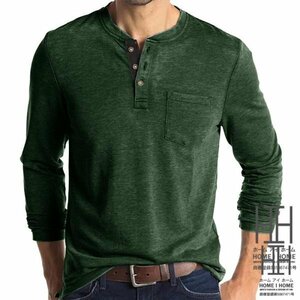 XL グリーン tシャツ メンズ 長袖 ポケット付き ロンt 長袖tシャツ ヘンリーネック ストレッチ カットソー インナー トップス