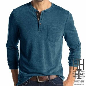 XL ダークブルー tシャツ メンズ 長袖 ポケット付き ロンt 長袖tシャツ ヘンリーネック ストレッチ カットソー インナー トップス