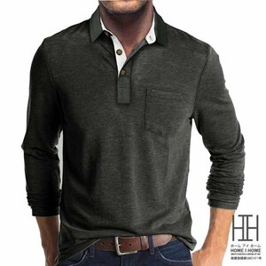 XL チャコール ポロシャツ メンズ ゆったり 長袖 ミリタリー系 切り替えデザイン 胸ポケット付き メンズポロシャツ トップス