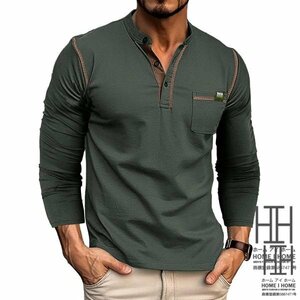 2XL グレーグリーン tシャツ メンズ 長袖 胸ポケット Vネック ヘンリーネック ボタン留め ワンポイント バンドカラー ロンt ロングtシャツ
