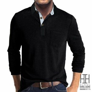 XL ブラック ポロシャツ メンズ ゆったり 長袖 ミリタリー系 切り替えデザイン 胸ポケット付き メンズポロシャツ トップス