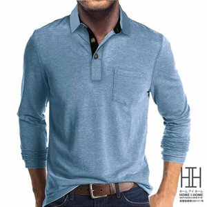 2XL ブルー ポロシャツ メンズ ゆったり 長袖 ミリタリー系 切り替えデザイン 胸ポケット付き メンズポロシャツ トップス