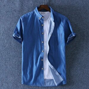 2XL ダークブルー ボタンダウンシャツ メンズ 半袖 無地 デニム ポケット付き 薄目 大きいサイズ 春 夏 カジュアルシャツ
